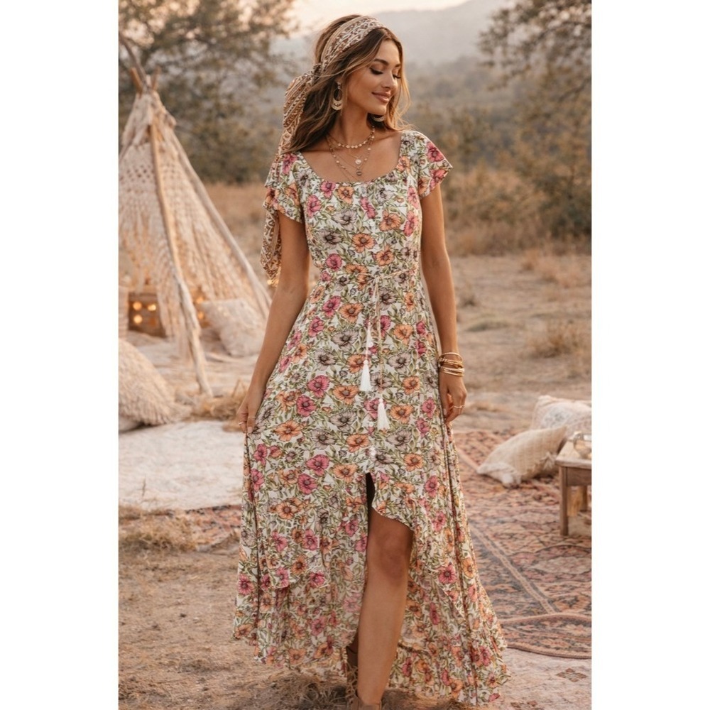 ATL ABEL THE LABEL Floral High Low Maxi Dress Pink Poppy Ruffled Bohemian XS